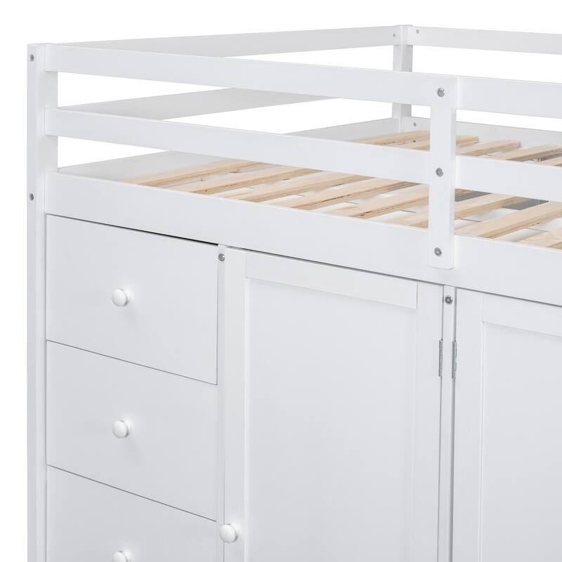 Full Size Wood Loft Bed with Built-in Wardrobes, Cabinets and Drawers