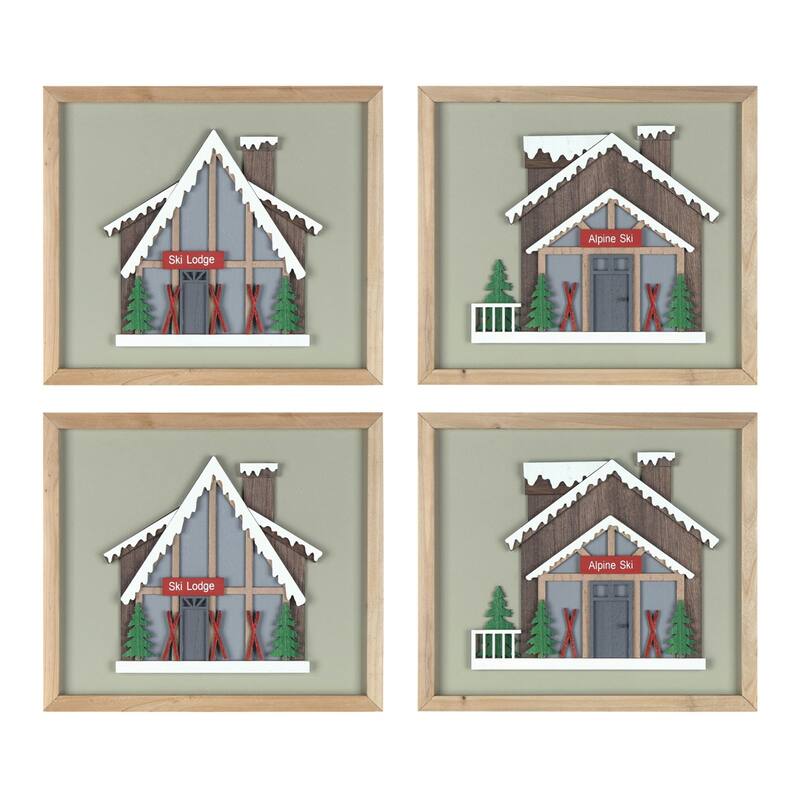 Set of 4 Brown & Green Ski Lodge Framed Christmas Wall Art, 12"x10.75"