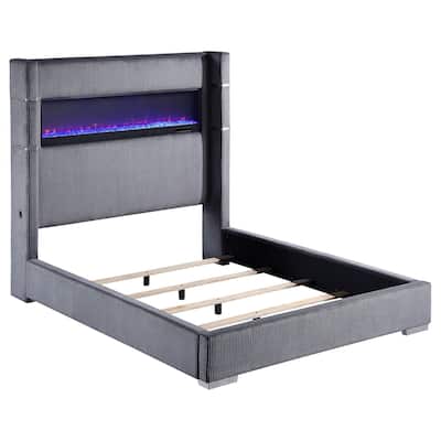 Caro Queen Bed, Wingback Panel w LED Flame, Gray Corduroy Upholstery