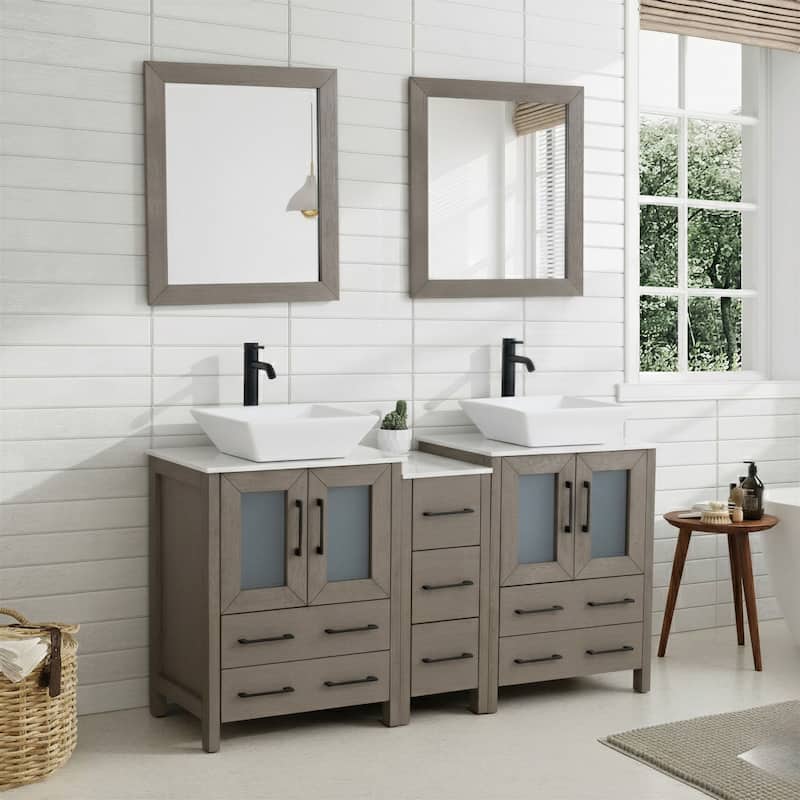 Vanity Art 60" Double Sink Bathroom Vanity Set with Engineered Marble Top and Free Mirror - 60 W X 18.5 D X 31.1 H