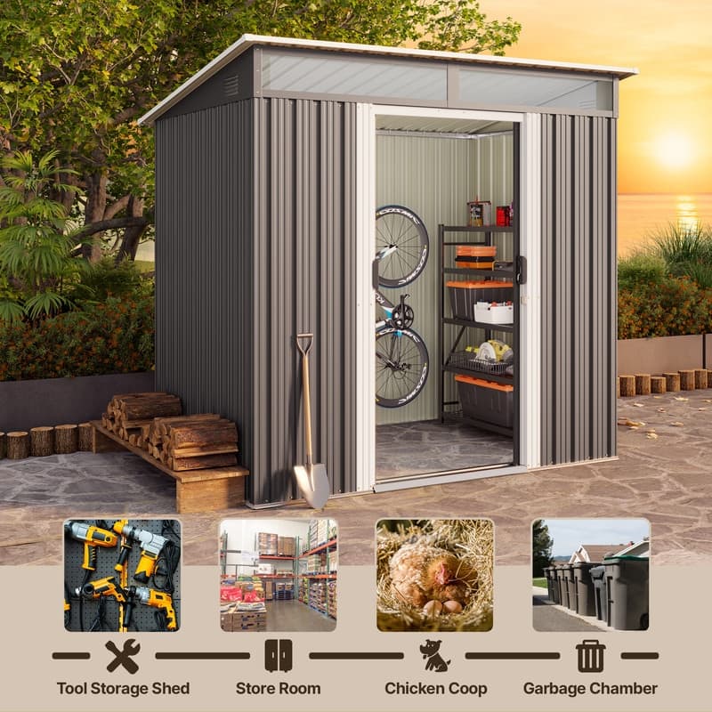 6' x 4' / 8' x 6' Outdoor Storage Shed, Galvanized Metal Garden Shed with Double Lockable Doors