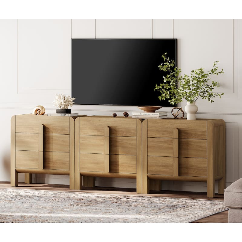 WAMPAT Modern 9 Drawer Dresser TV Stand For Tvs Up To 100 Inch, Cruved Entertainment Center, Wood TV Console With Storage