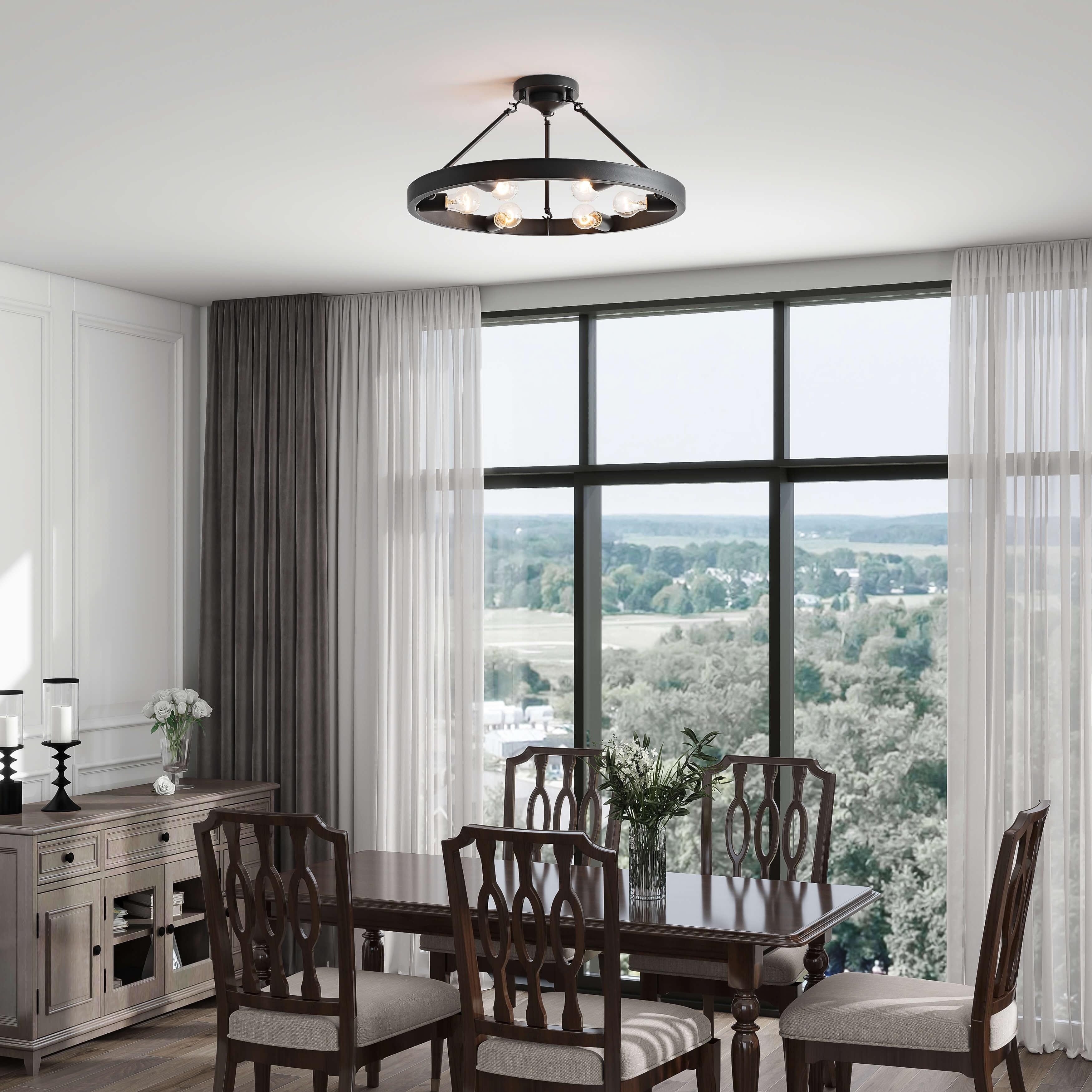 Caterina 24 in. 6 Light Metal Round Wagon Wheel Black Rustic Semi Flush Mount