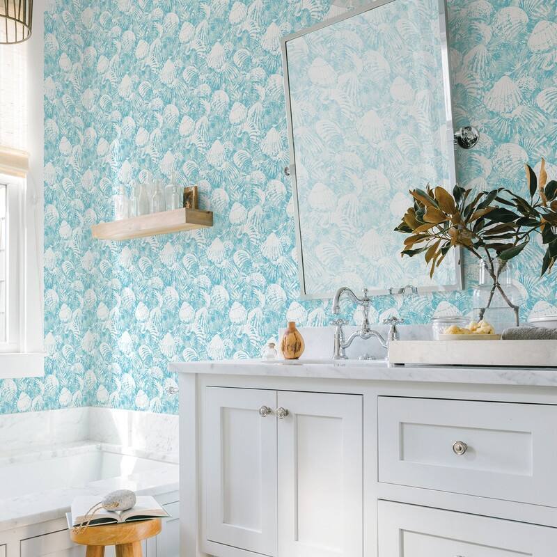 Brewster Surfside Aqua Shells Wallpaper - 20.5in x 396in x 0.025in