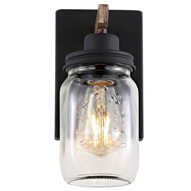 1-Light Black/Wood Tone Rustic Farmhouse Wall Sconce with Clear Mason Jar Glass Shade - 10"H x 4.7"W x 5.4"D