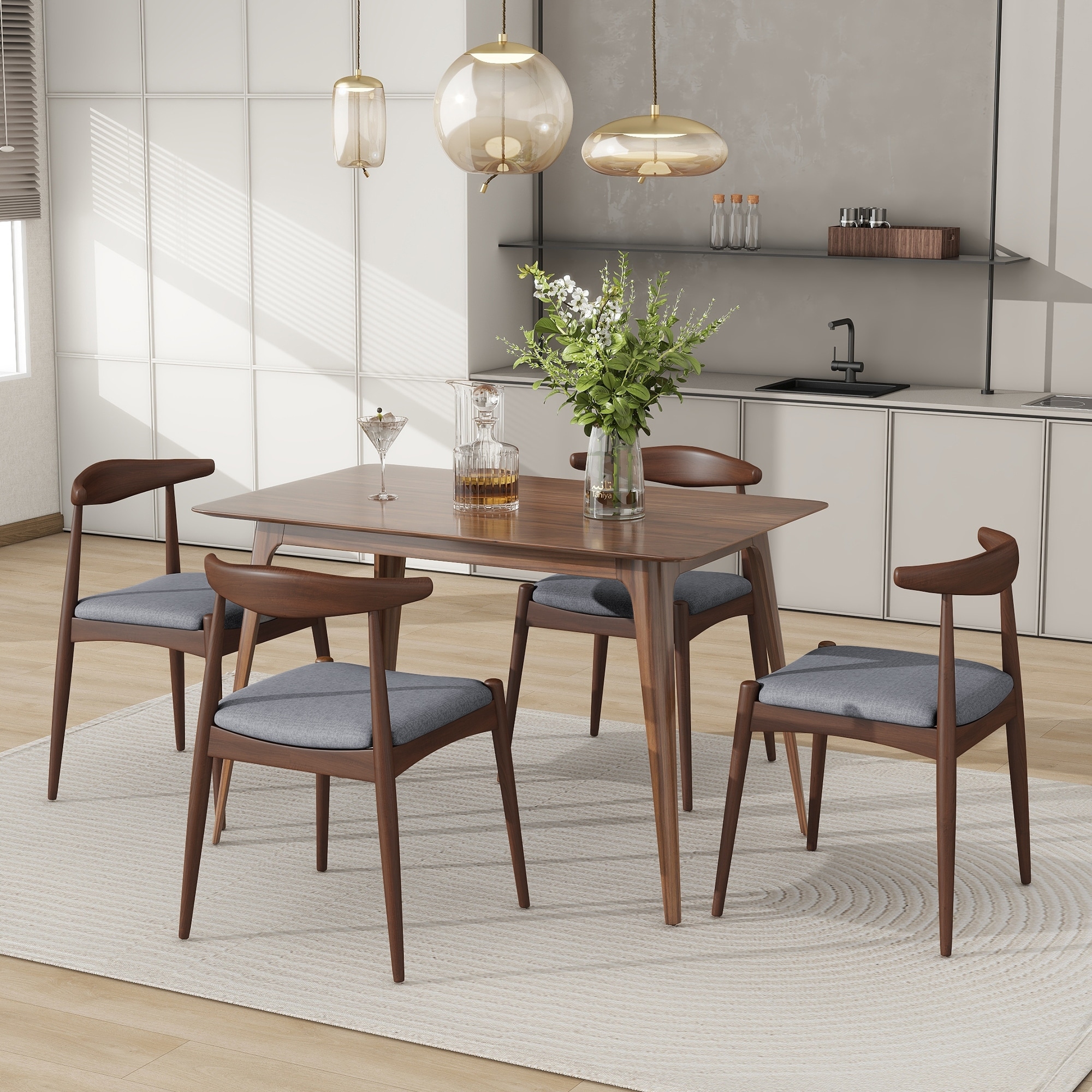 5-Piece Dining Set 1 Table 4 Chairs, Rubberwood Frame, Faux Wood