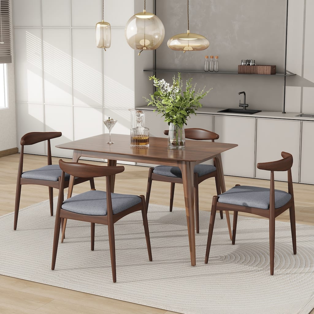 Roomfitters 5-Piece Mid-Century Dining Set, 47" Walnut Table with 4 Ergonomic Upholstered Chairs