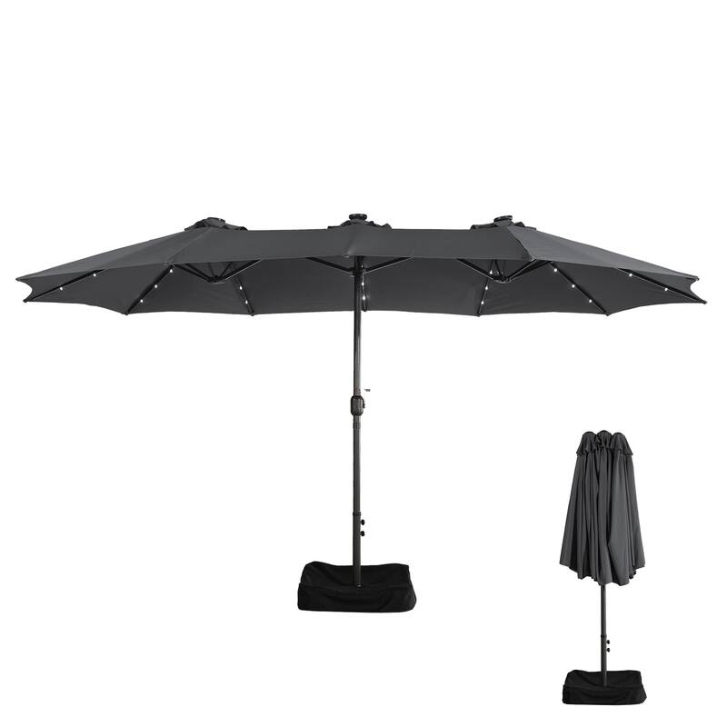 Clihome 15FT Double-Sided Solar Light Market Crank Umbrella with Base