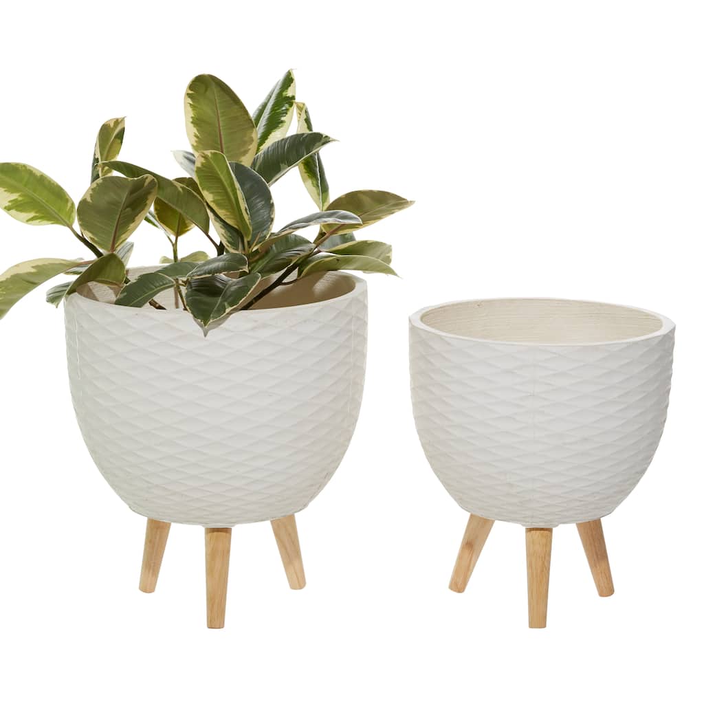 Ceramic Geometric Diamond Patterned Planter with Wood Tripod Legs - Set of 2 White or Gray - Roche River Decor