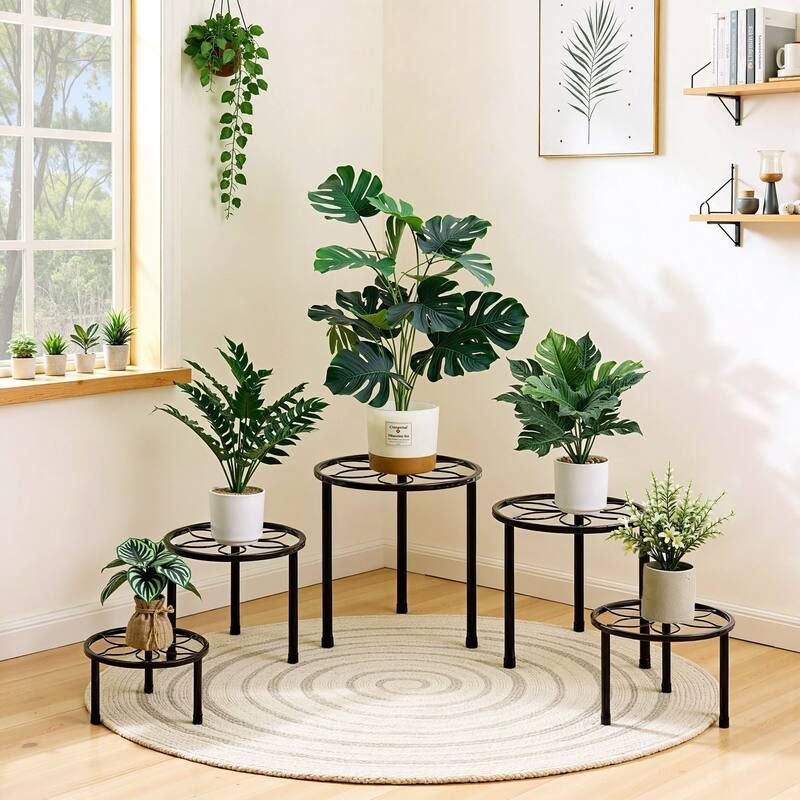 Javlergo 5-Piece Metal Plant Stand Set Multiple Sizes Black Heavy Duty Flower Pot Holder Stands for Indoor Outdoor Use