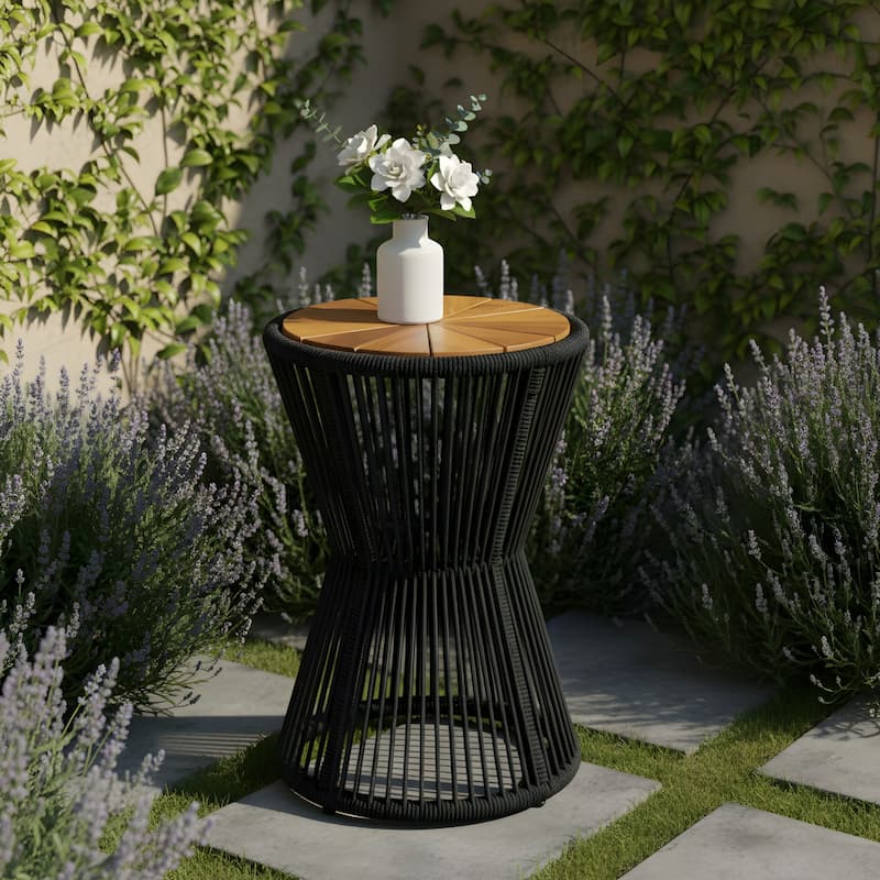Roomfitters 25.8" Outdoor Side Table Modern Woven Rope Hourglass Patio Accent Table with Teak Wood Finish Top