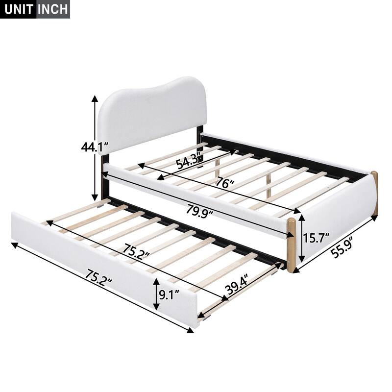 Full Size Upholstered Platform Bed with Wood Supporting Feet and Twin Size Trundle