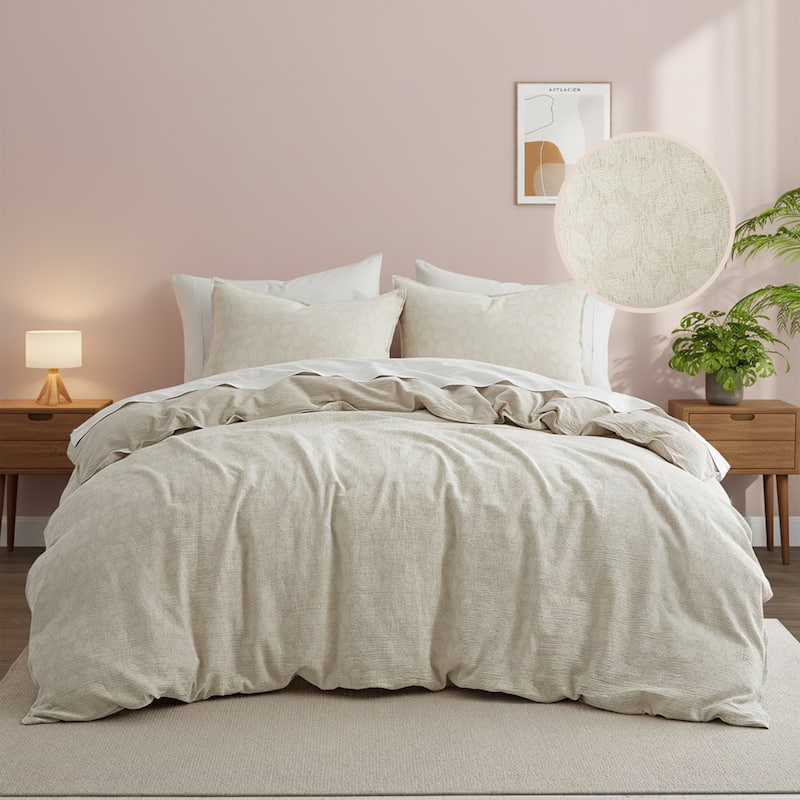 Floral Jacquard Cotton Linen Blend Duvet Cover Set, Bedding Set with Pillowcases - Full - Queen - Leaf