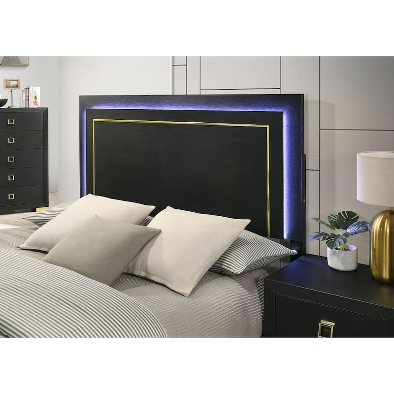Queen Size Engineered Wood LED Platform Bed with Gold Trim and Metal Bracket Legs