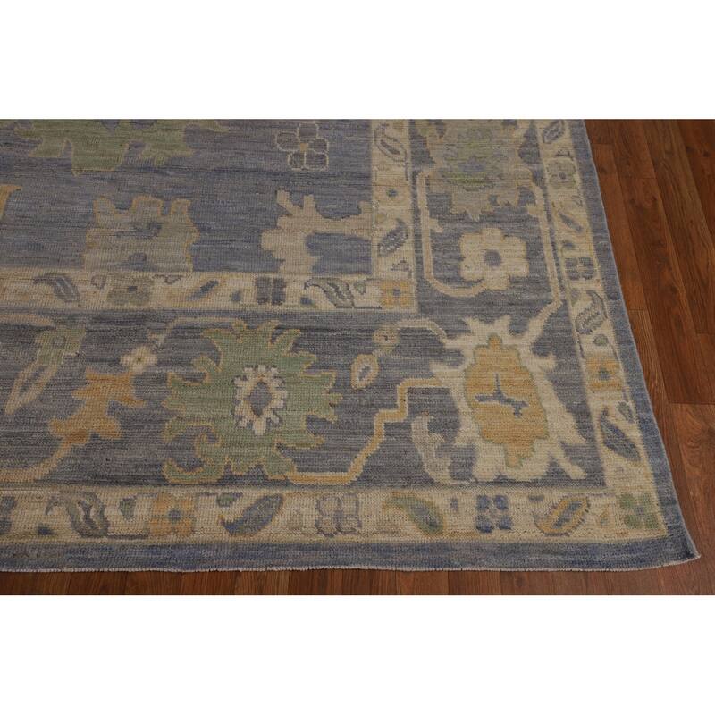 Blue Floral Oushak Turkish Large Rug Hand-Knotted Wool Carpet - 9'11"x 14'0"