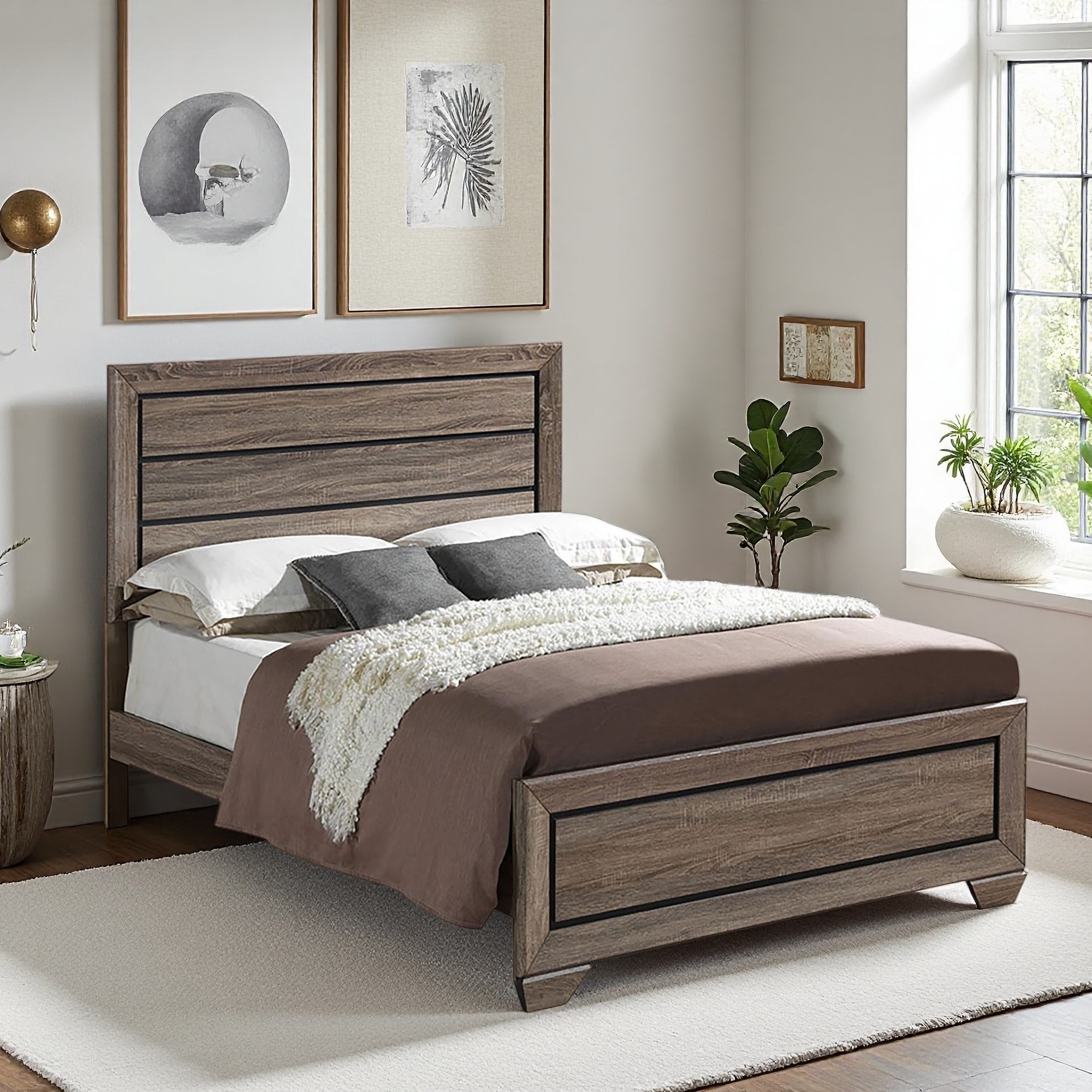 Queen Size Wood Panel Bed with Horizontal Plank Headboard