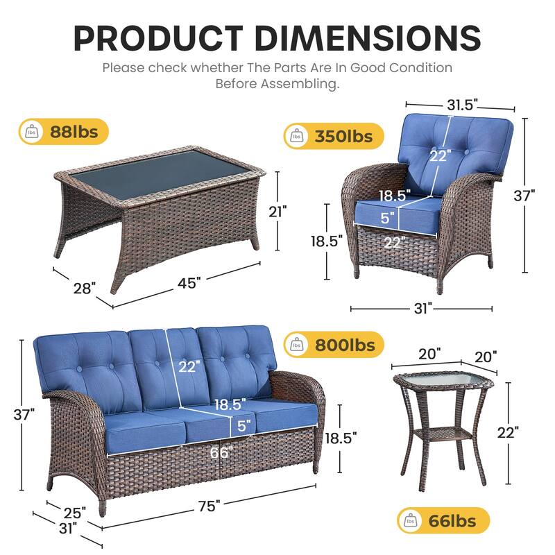 Gymojoy Outdoor Wicker Patio Furniture Set, 5" Thick Cushioned Rattan Conversation Set with Sofa & Chairs