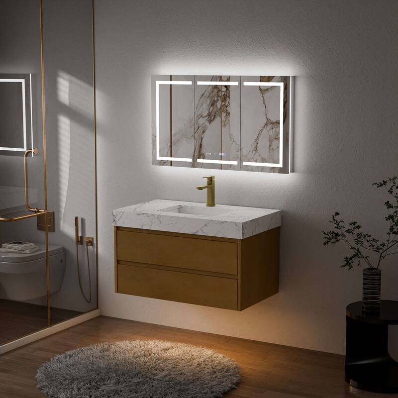 Modland 36" Floating Modern Bathroom Vanity with Single Sink,Maple Wood Wall Mounted Vanity with Marble Countertop - 36 Inch