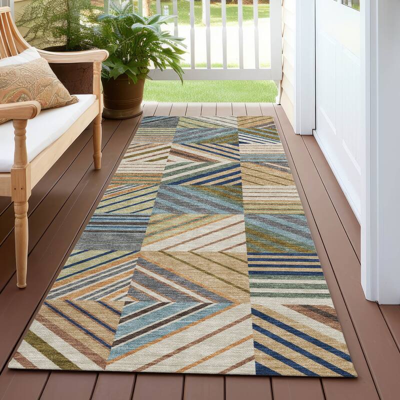 Machine Washable Indoor/ Outdoor Geo Mosaic Chantille Rug - Beige - 2'3" x 7'6"