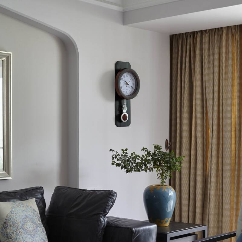 Wood-Look Pendulum Plastic Wall Clock, Vintage Farmhouse Decor for Living Room, Kitchen, or Dining Room, Silent, Battery Powered