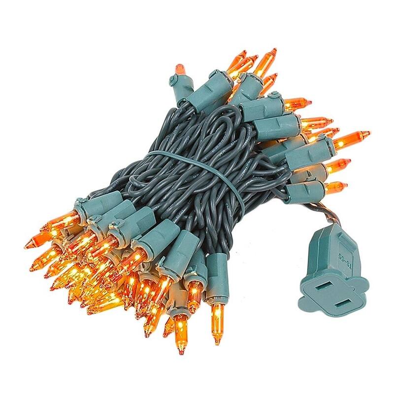 50 Light Christmas Mini Light Set, Green Wire, 11' Long - Orange