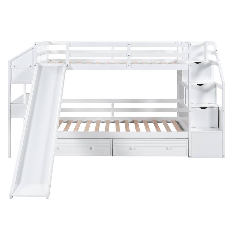 Twin Over Twin Bunk Bed with Slide, Storage Staircase, and Desk