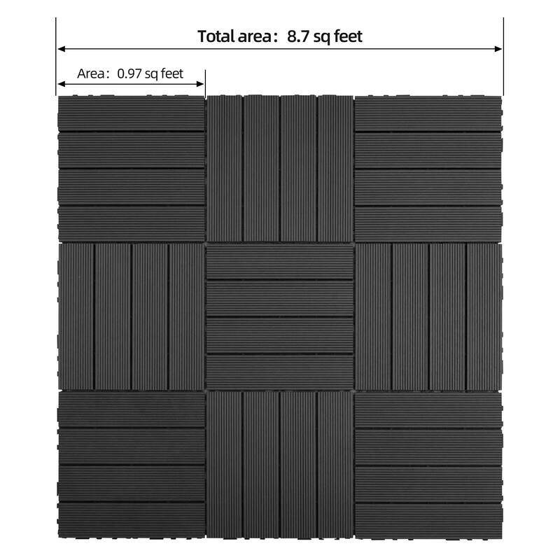 9 PCS heavy-duty & recyclable Wood-Plastic Interlocking Deck Tiles 11.8" x 11.8"- Waterproof Outdoor and Indoor Flooring