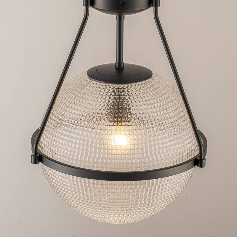 1-Light 14.17" Black/Gold Modern Textured Grid Glass Globe Semi-Flush Mount Light