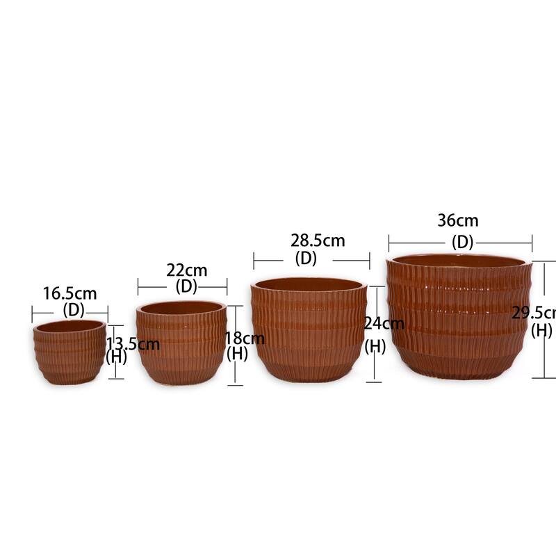 Coral Ceramic Flowerpot 4pc Set, Sleek Striped Design, Drainage Hole, Frost Heat Weather Resistant, for Patio Garden Windowsill