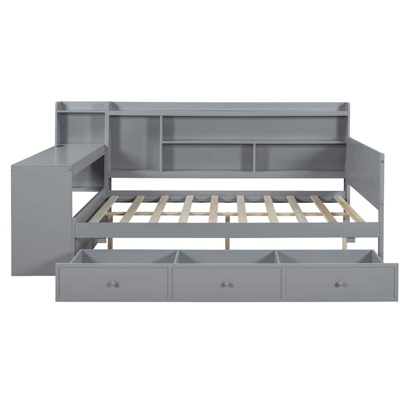 Full Size Wooden Daybed with 3 Storage Drawers, Integrated Desk & USB Ports, Gray