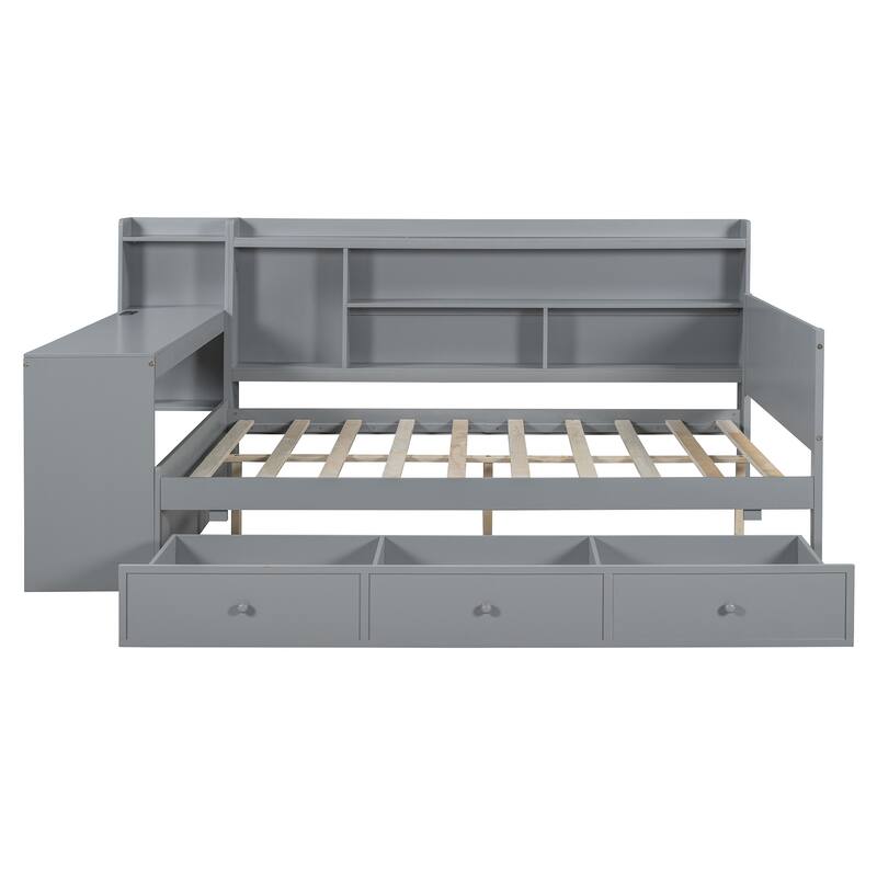 Twin/Full Size Wooden Daybed with 3 Storage Drawers and Bedside Desk, Modern Sofa Bed Frame with USB Ports and Storage Shelves