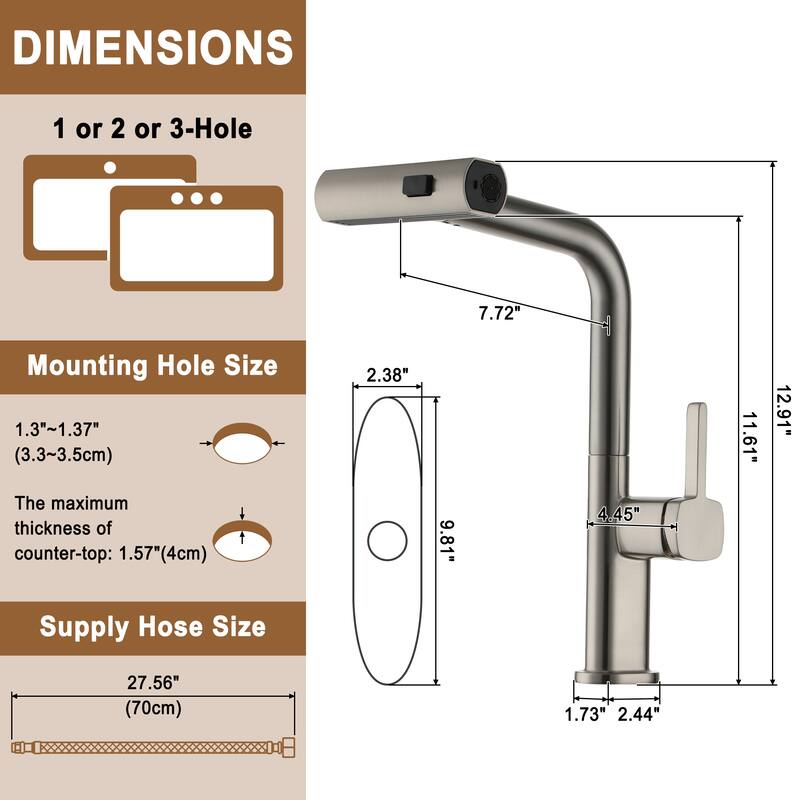 Single Handle Pull Out Sprayer Kitchen Faucet with 3 Functions Spray, 360° swivel