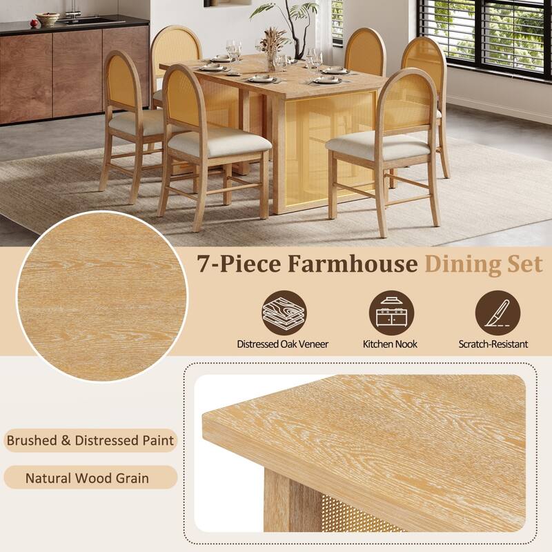 7 Pieces 59.8" Farmhouse Rectangular Dining Table with 6 Rattan Chairs