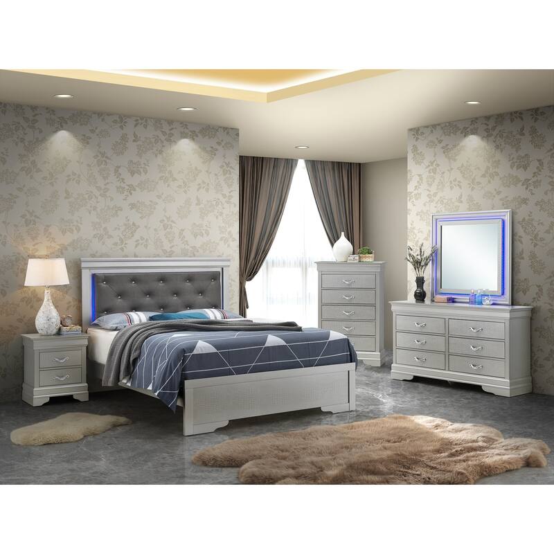 LED Lighted Jewel Tufted Panel Queen Bed - 85" - Silver Champagne