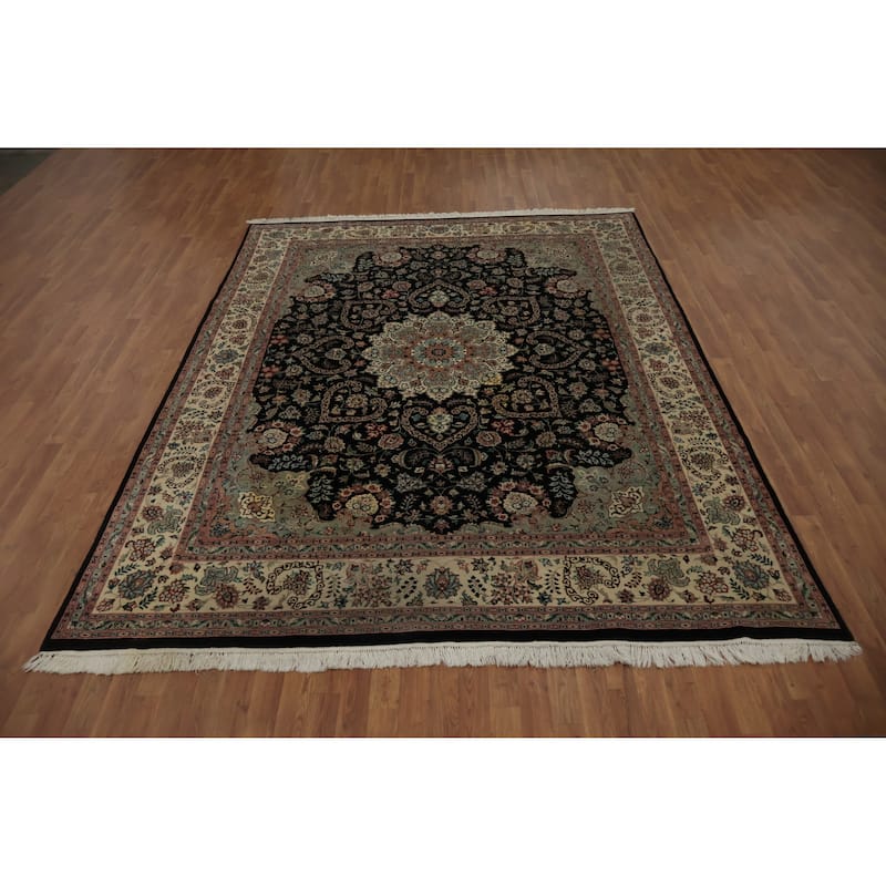 Hand Knotted Oriental 100% Wool Carpet Traditional Floral Black Tabriz Area Rug - 10' 5'' X 7' 10''