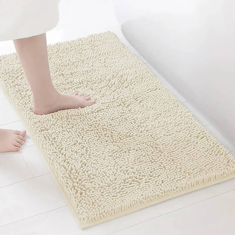 2 Piece Set Cream Soft Cozy Plush Chenille Bath Mat Bathroom Rug
