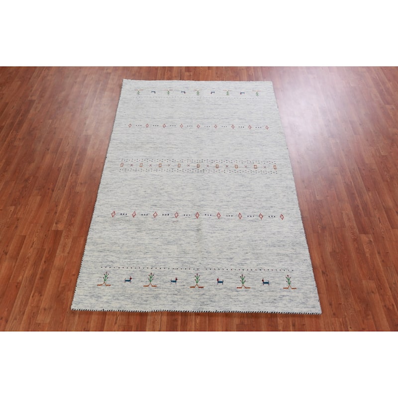 Hand Knotted Oriental 100% Wool Carpet Tribal Animal Pictorial Beige & Ivories Gabbeh Area Rug - 7' 11'' X 5' 2''