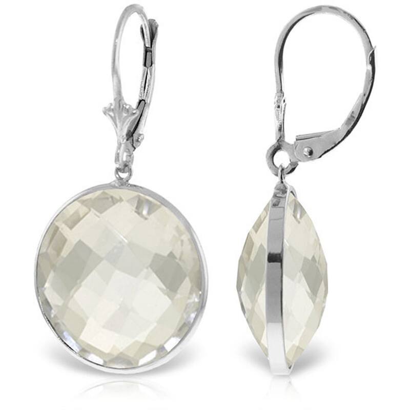 14K Solid Gold Leverback Gemstone Earrings Round White Topaz Jewelry - White