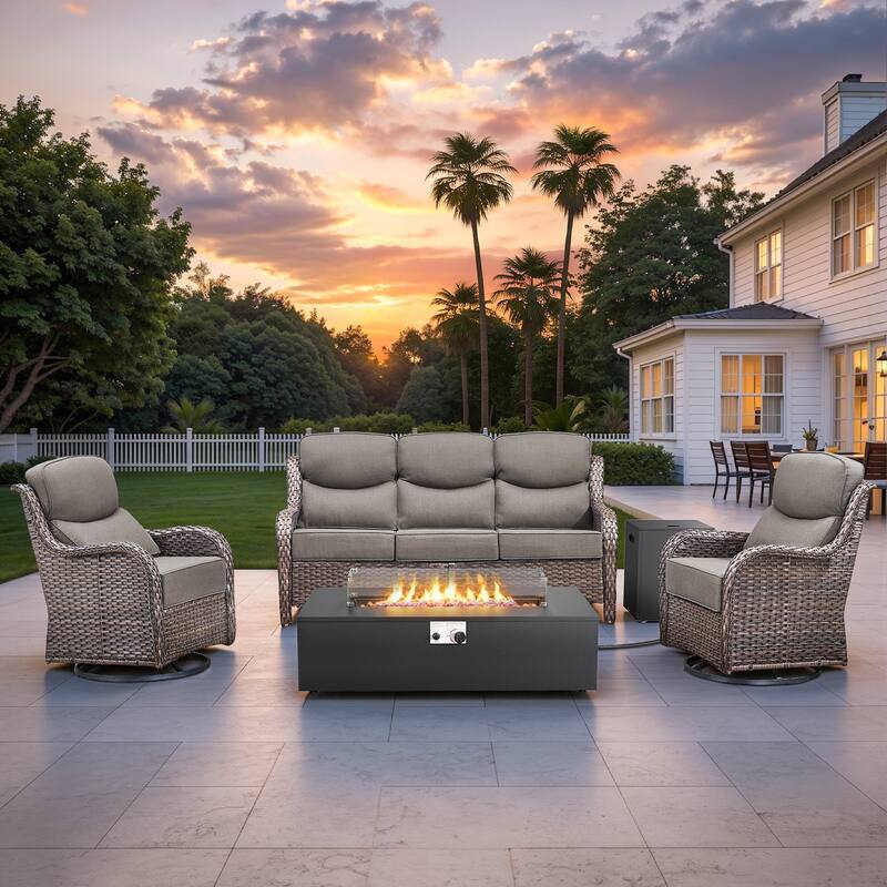 Pocassy 43" Fire Pit w/ Outdoor Sofa Swivel Chair Ottoman Set - Brown Wicker Gray Cushion - 4PCS Fire Table w/ 6-In Cushion Sofa Swivel Chair