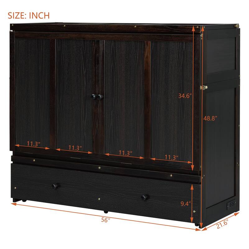 Full Size Murphy Bed Cabinet with USB Ports and Storage Drawer, Foldable Space-Saving Bed Frame