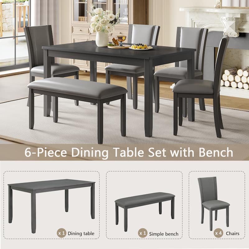 6 Piece Dining Table Set, Wooden Kitchen Table Chair Set with Rectangular Table, Bench and 4 Upholstered Chairs