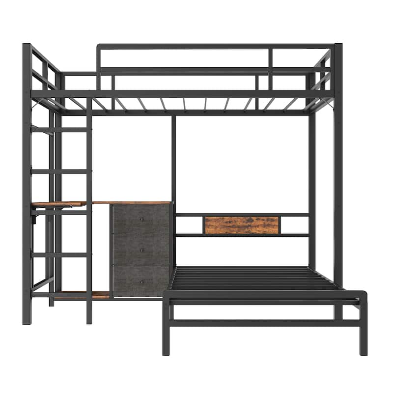Metal Bunk Bed with Folding Table, 3 Storage Drawers, LED Lights & USB Ports