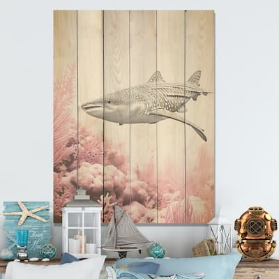 DESIGN ART "Pink And Grey Shark Dance" Shark Wood Wall Decor - Modern Grey Wood Panel On Natural Pine Wood