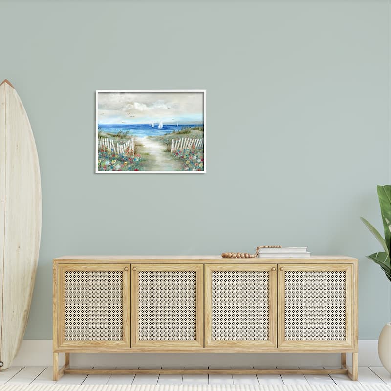 Stupell Tranquil Beachside Flower Meadow Ocean Sailboats Scene Framed Wall Art, Design by Nan