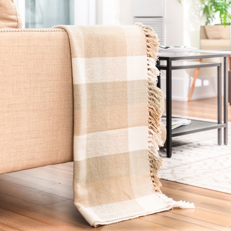 Fabstyles Herringbone Checkered Cotton Throw Blanket with Fringes
