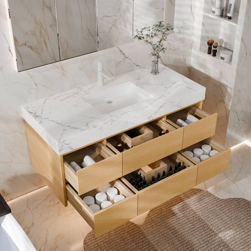 Modland 48" Wall-Mount Bathroom Vanity with 6 Soft-Close Drawers, LED Lighting & Marble Top - 48 inch