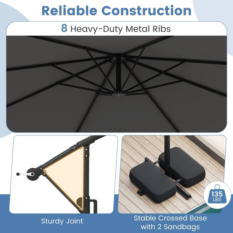 Costway 10 FT Solar Offset Hanging Umbrella with Base Patio Cantilever