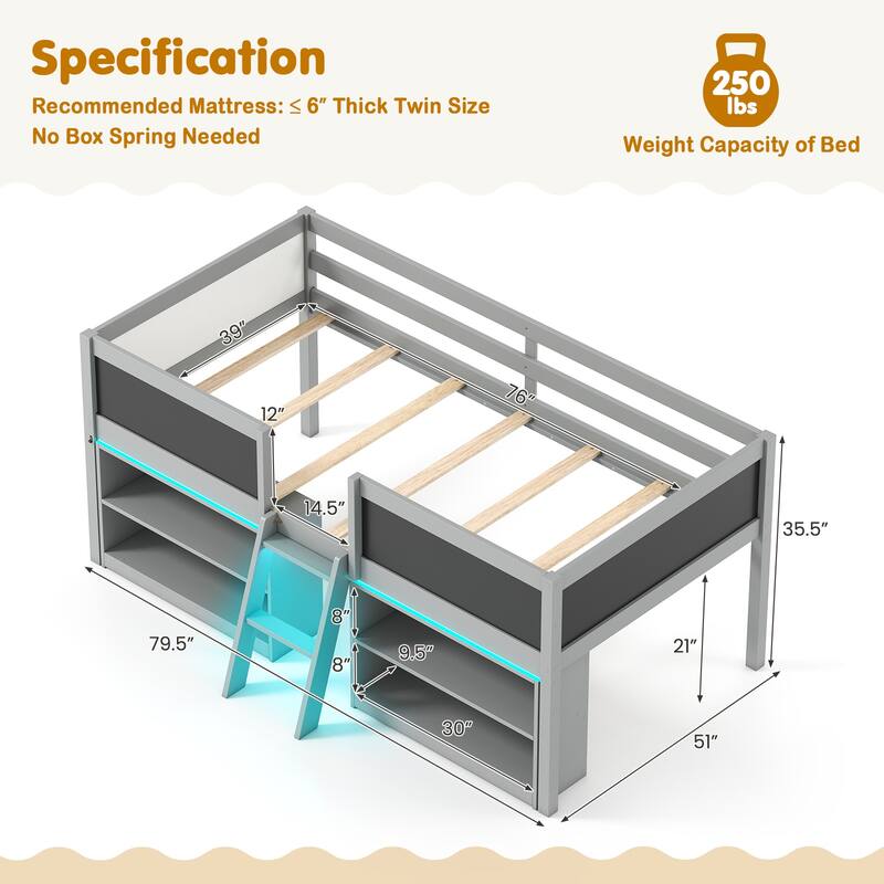 Twin Size Low Loft Bed with LED Lights and Storage Shelves Chalkboards Guardrails and Ladder