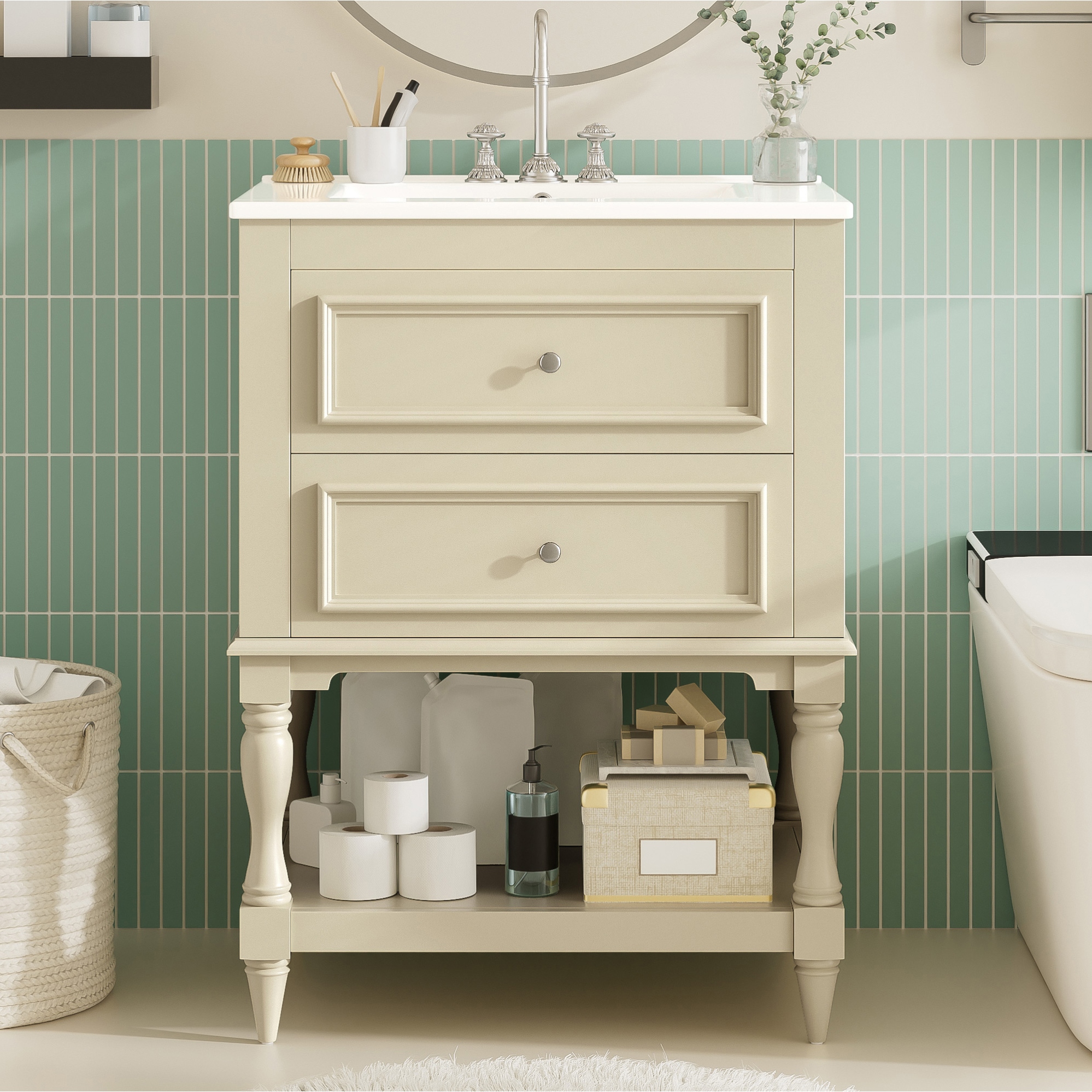 24" Retro Bathroom Vanity with Ceramic Sink & 2 Drawers - Solid Wood Storage Cabinet with Open Shelf