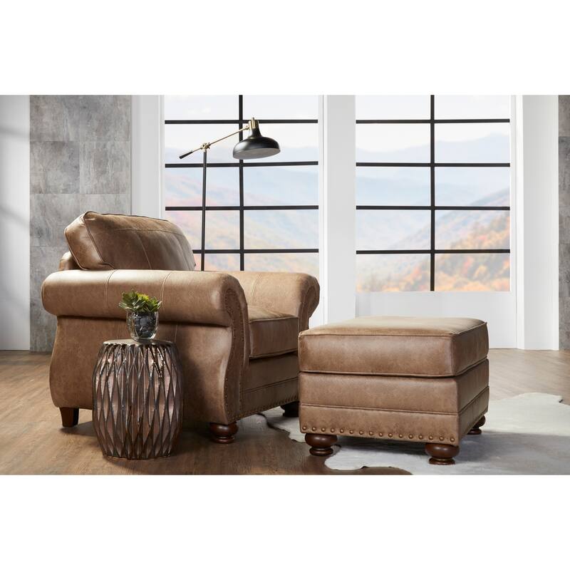 Leinster Faux Leather Ottoman with Antique Bronze Nailheads - Brown